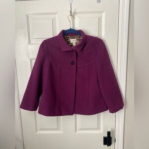 Chico’s Plush Swing Pea Coat Sz 0 Purple Orchid Plum Leopard Lined Jacket